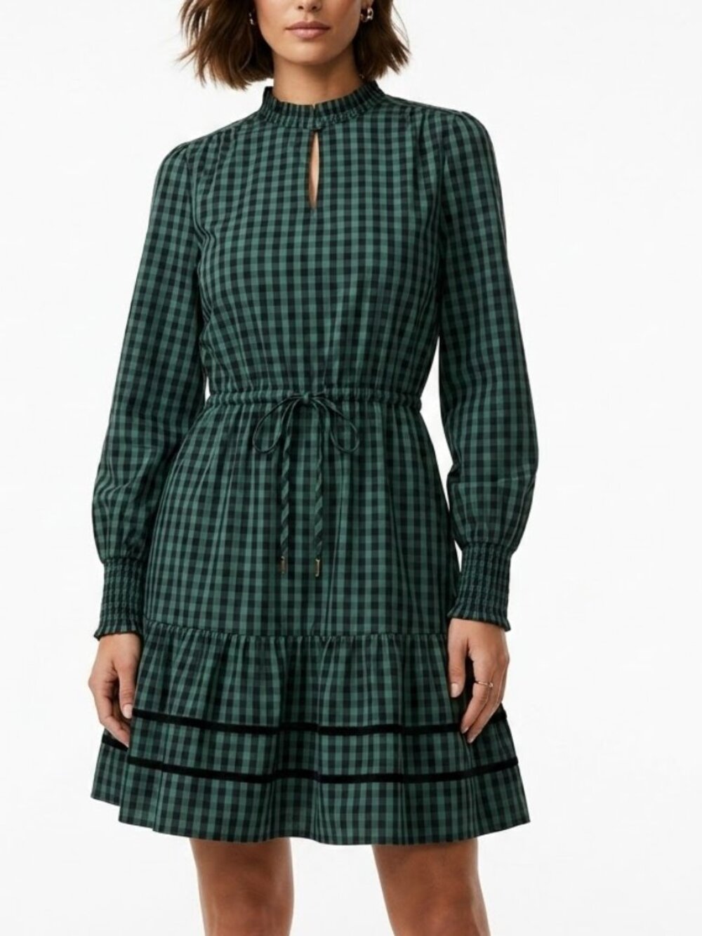Draper James RSVP Dark Gingham Velvet Trim Tiered Mini Dress L